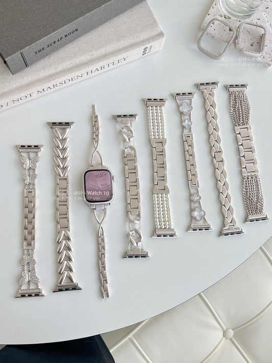 New Arrival Chic Elegant Replacement Bands and Bezels for Apple Watch 1-9/SE S9 apple watch 9 Generation 876se made of Stainless Steel Rhinestones Pearls and MORE