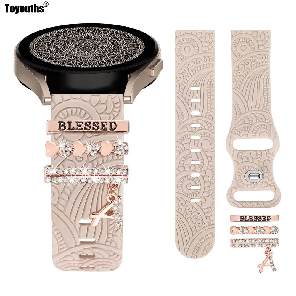 Watch Band with Charms for Samsung Galaxy Watch 6/5/4 40mm 44mm with 20mm Boho Engraved Silicone Bands Bracelet