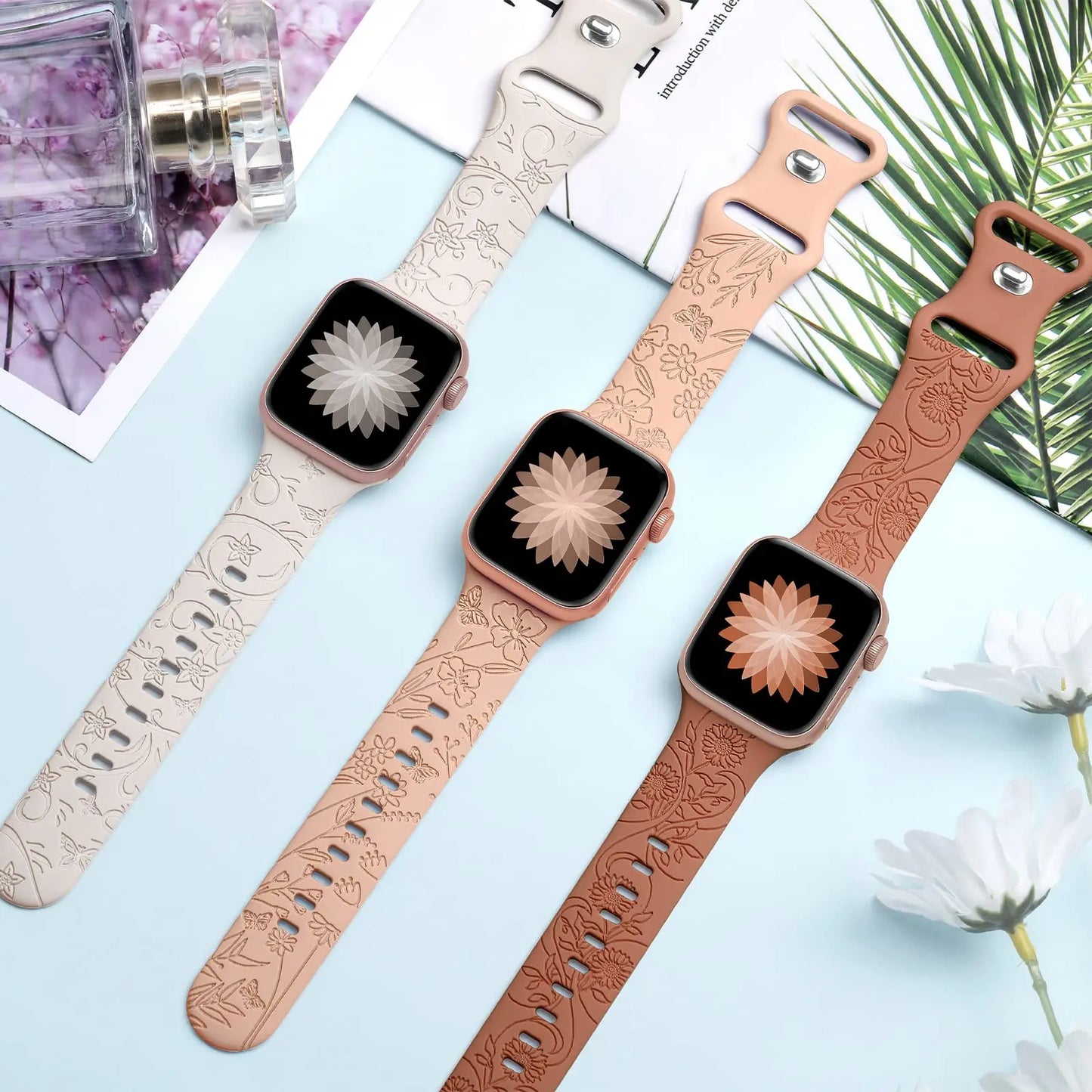 Floral Engraved Strap For Apple Watch Band 40mm 44mm