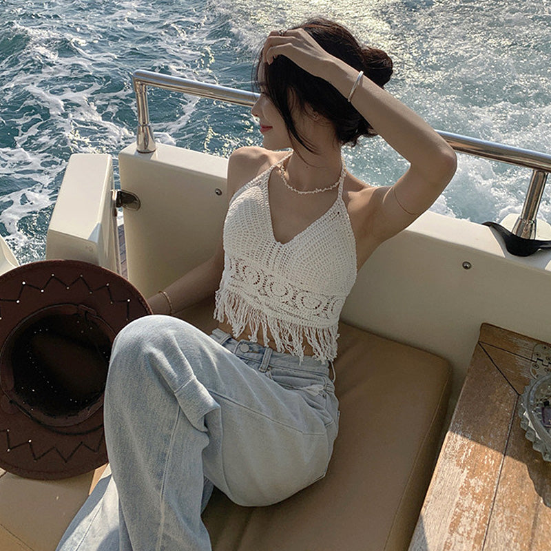 Handmade Crochet Halter Top – Boho Fringe Festival knit Crop Top Tank