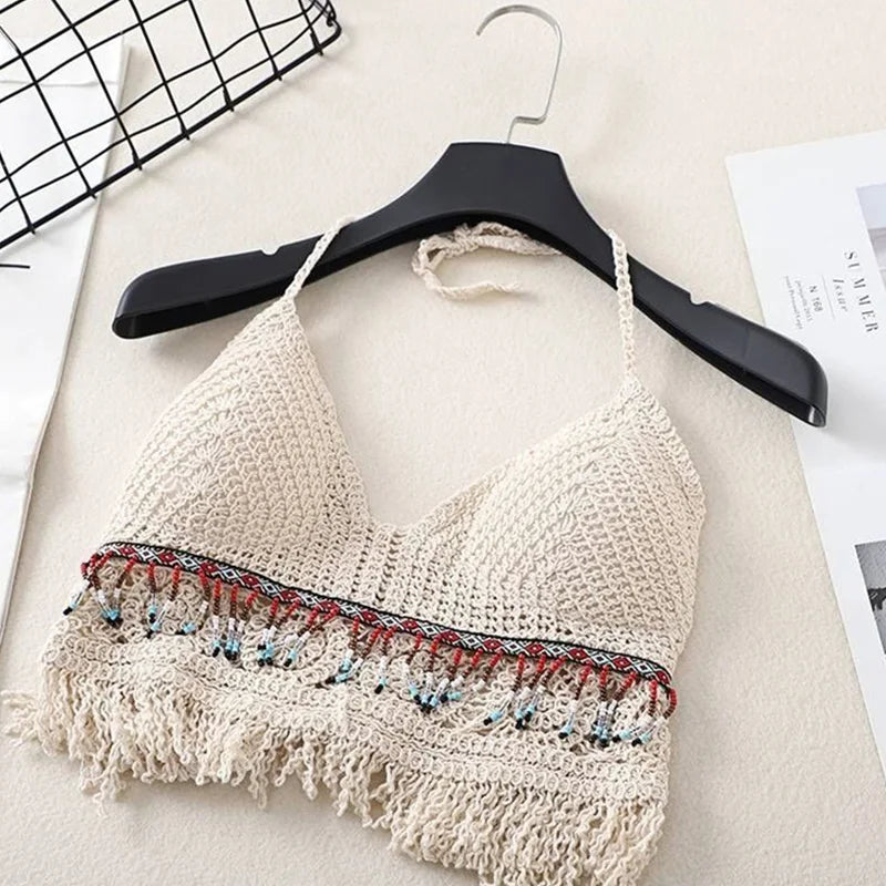 Handmade Crochet Halter Top – Boho Fringe Festival knit Crop Top Tank