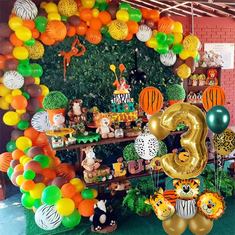 1st Birthday Jungle Safari Balloon Set - Gold Number 1 through 8 and Animal Print Decorations - Lion, Tiger, Zebra, Giraffe Balloons 18Pcs