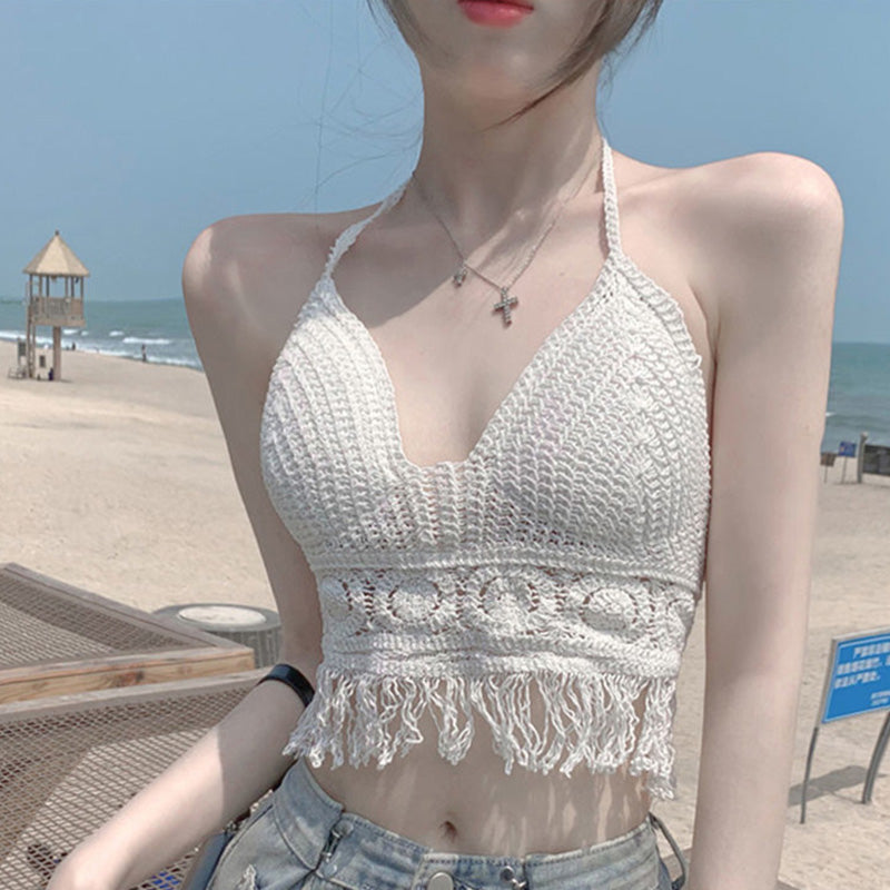 Handmade Crochet Halter Top – Boho Fringe Festival knit Crop Top Tank