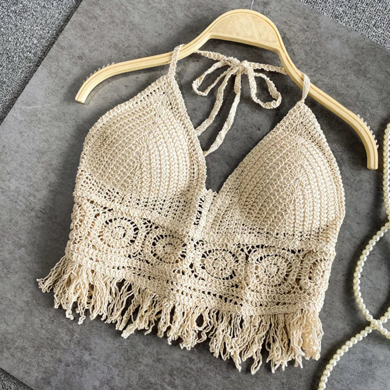 Handmade Crochet Halter Top – Boho Fringe Festival knit Crop Top Tank