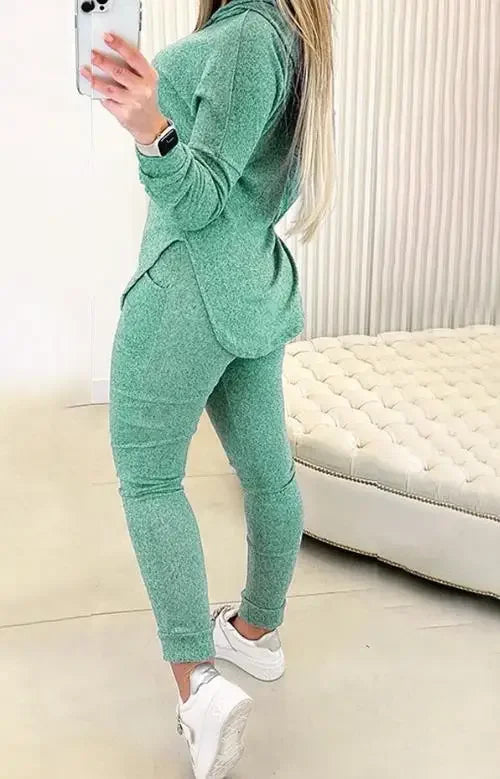 Stylish 2-Piece Women's Outfit: High Waist Pants Set with Hem Slit Long Sleeve Hooded Sweatshirt