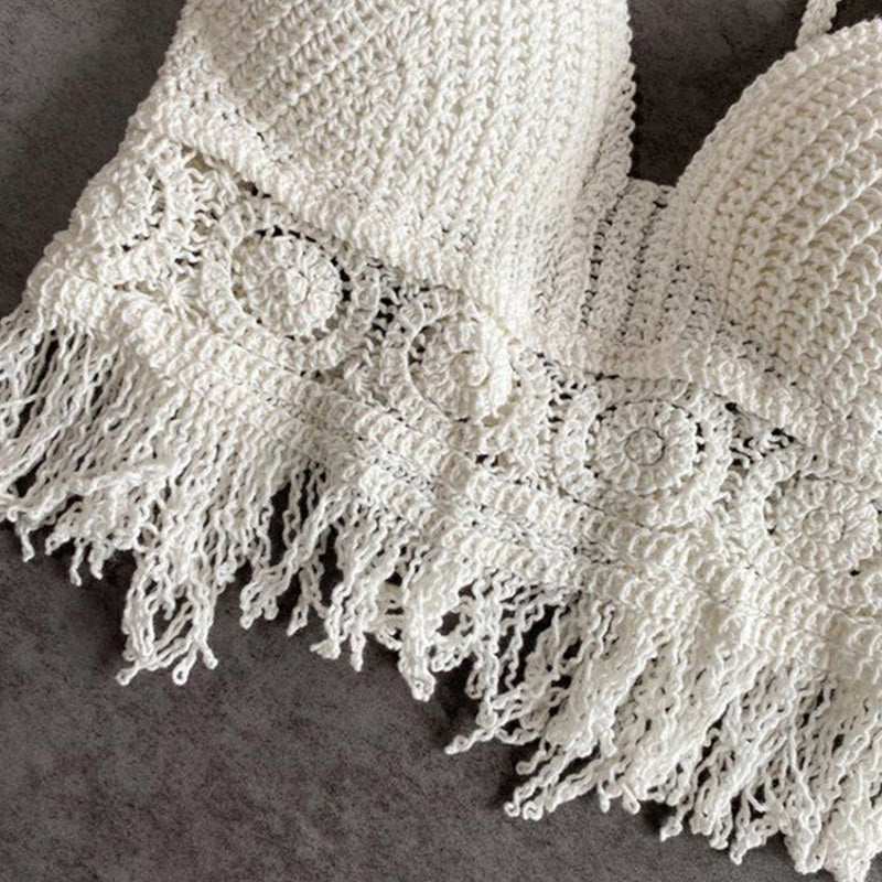 Handmade Crochet Halter Top – Boho Fringe Festival knit Crop Top Tank