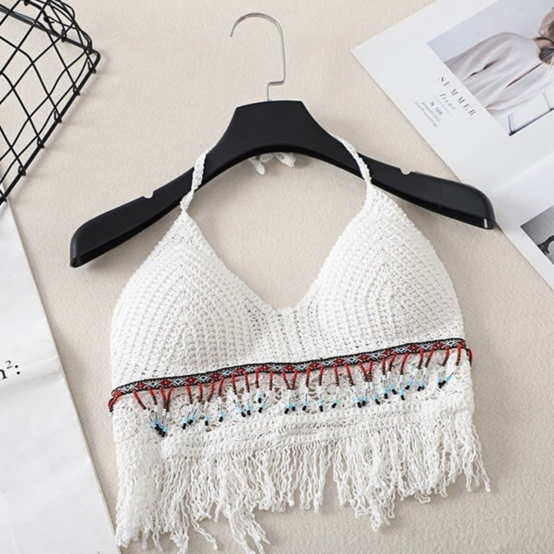 Handmade Crochet Halter Top – Boho Fringe Festival knit Crop Top Tank