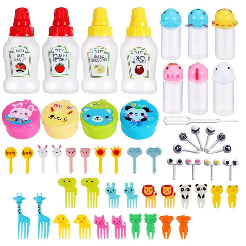 55pc Lunch Box Accessories Fillable Sauce Condiment and Ketchup Squeeze Bottles Great for Bento Boxes Including Food Pick Paddles Back to School