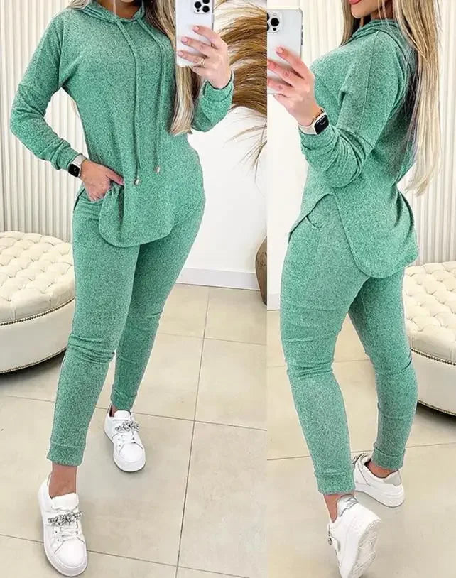 Stylish 2-Piece Women's Outfit: High Waist Pants Set with Hem Slit Long Sleeve Hooded Sweatshirt