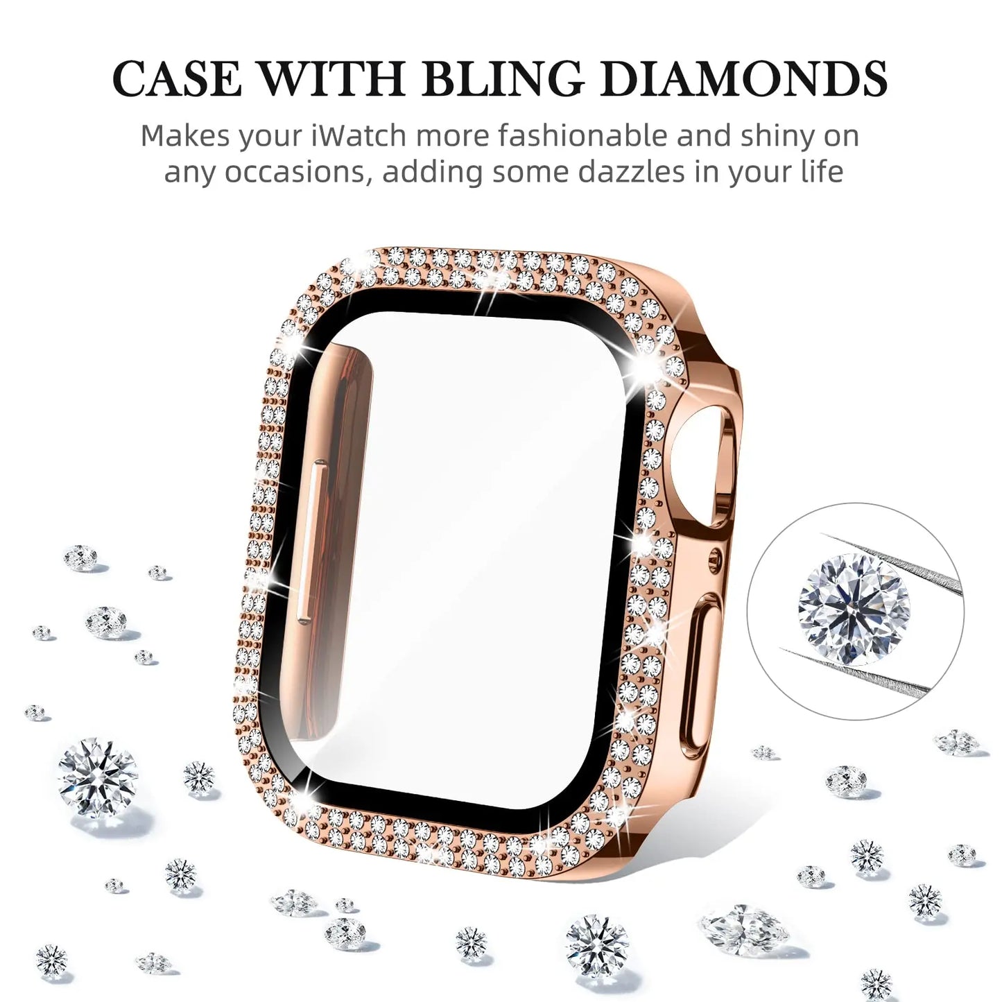 Glass+Diamond Cover For Apple watch case 40mm 44mm 41mm 45mm 38mm 42mm Bling Bumper Protector iWatch series 9 3 5 6 7 8 se case