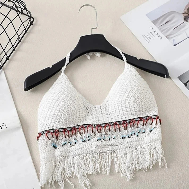 Handmade Crochet Halter Top – Boho Fringe Festival knit Crop Top Tank