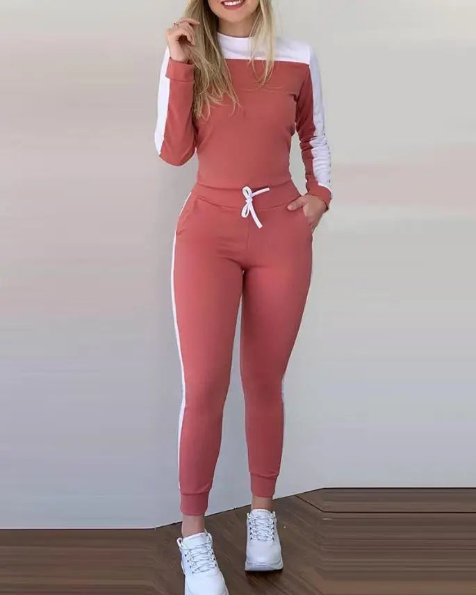 Casual Two Piece Color Block Set for Women - Outifit OTTD Colorblock Long Sleeve Round Neck Top with Skinny Sport Drawstring Pants Set Perfect Fall Staple!