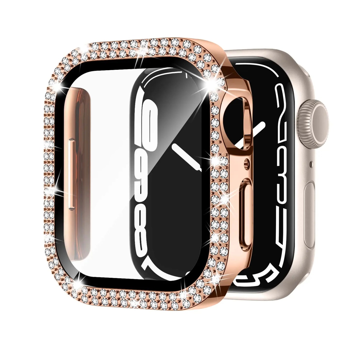 Glass+Diamond Cover For Apple watch case 40mm 44mm 41mm 45mm 38mm 42mm Bling Bumper Protector iWatch series 9 3 5 6 7 8 se case