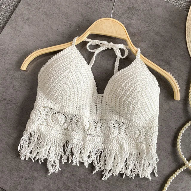 Handmade Crochet Halter Top – Boho Fringe Festival knit Crop Top Tank