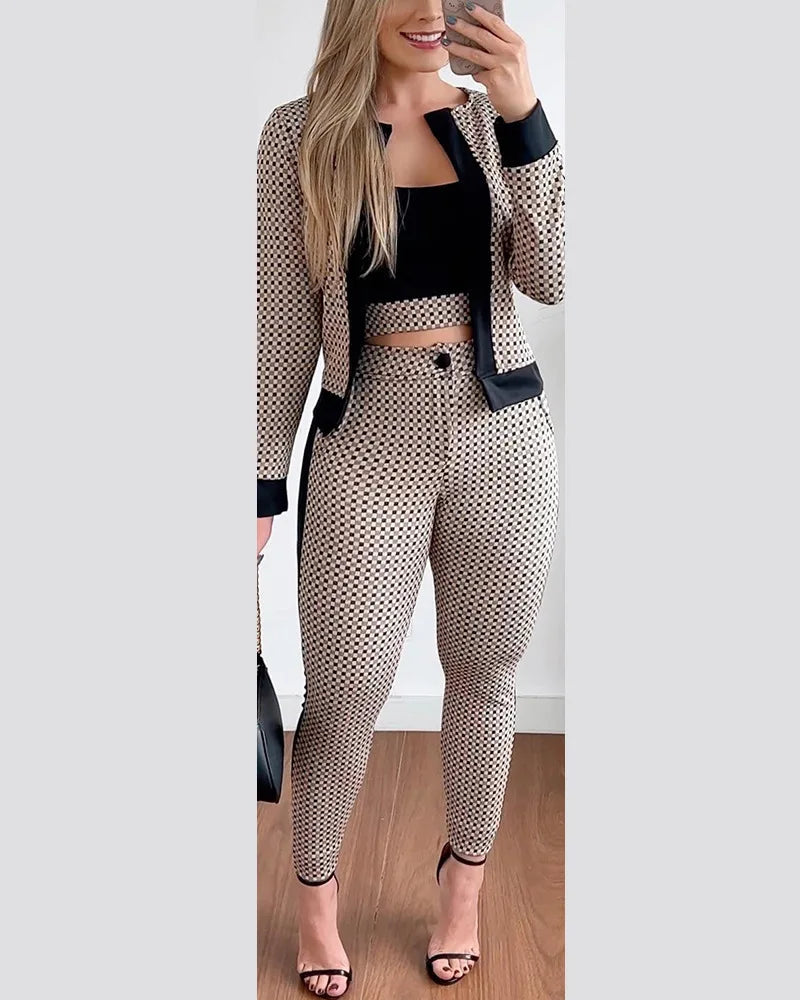 3 Piece Outfit Set Flattering Plaid Print Crop Top & Pants Set With Coat Elegant Fashion Casual Female Set