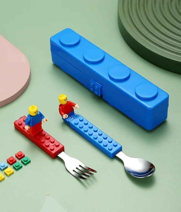 Kids Fork and Spoon Travel Set Building Block Lego Toy Portable Tableware with Storage Box 304 Stainless