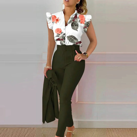 Elegant Short Sleeve Shirt + Pants Outfit Set Office Fashion V Neck Floral Print Ruffles Trousers Two Piece Set Women Outfit