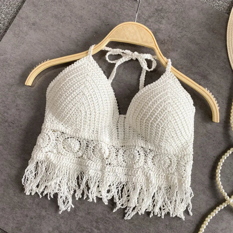 Handmade Crochet Halter Top – Boho Fringe Festival knit Crop Top Tank