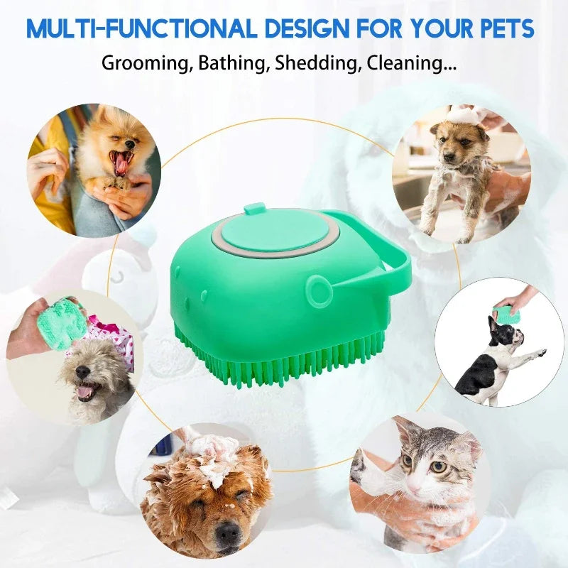 Pet Dog Shampoo Brush 2.7oz 80ml Cat Massage Comb Grooming Scrubber for Bathing - Soft Silicone Rubber - Fills up to 60ml of shampoo - with Handle