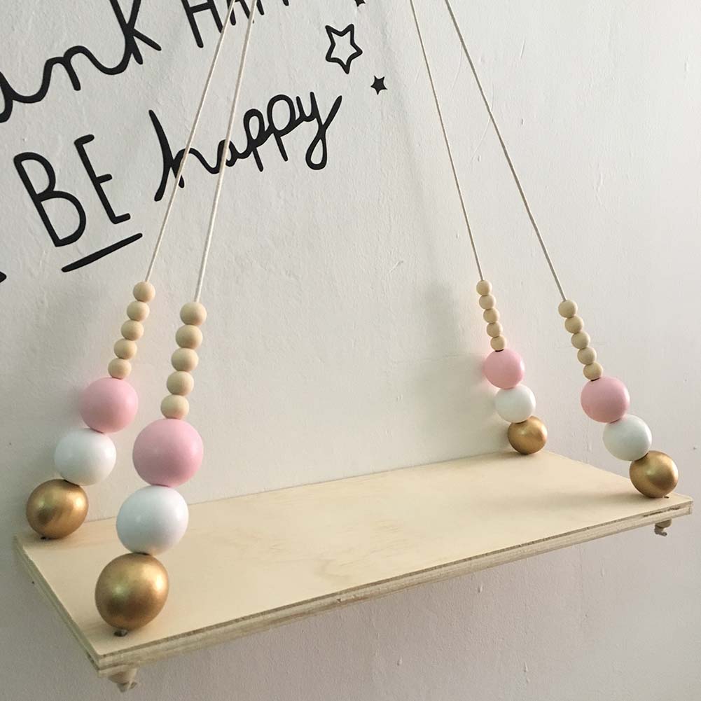 Nordic Wood Beads Board Hanging Storage Shelf Kids Room Nursery Home Wall Decor