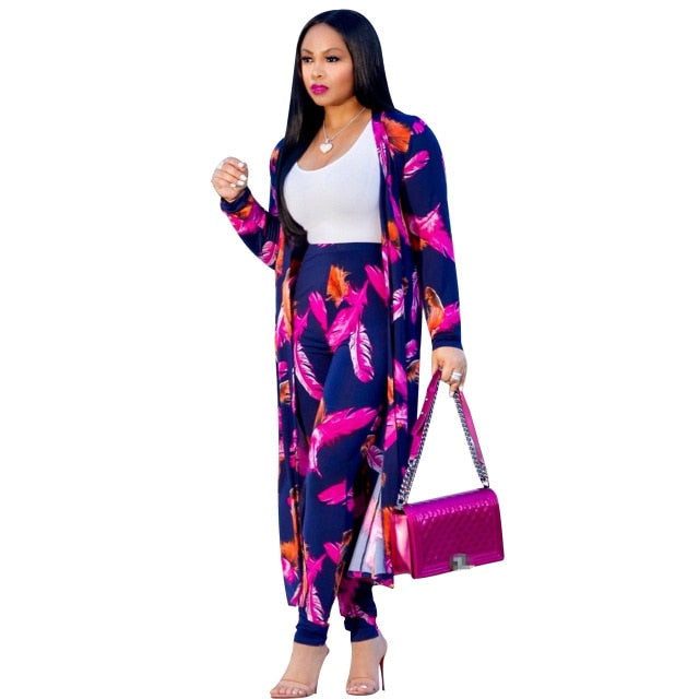 Women print long sleeve cardigan pants two piece set long cardigan pants 2 piece set