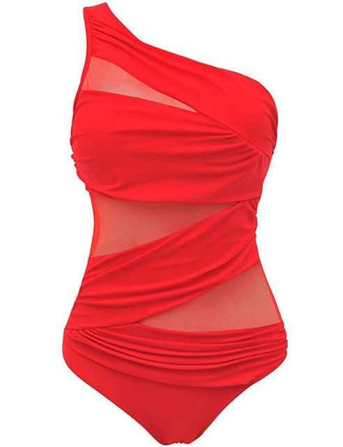 One Piece Swimsuit Mesh One Shoulder Monokini - Plus Size Available!