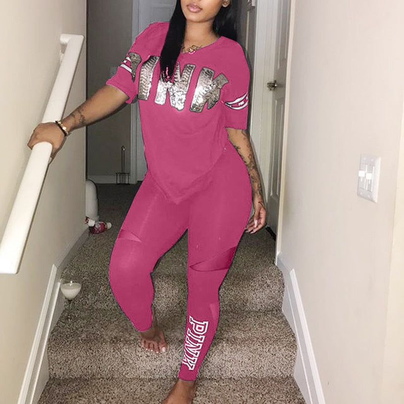 PINK Sweat Suits Short Sleeve Tee Shirt AVAILABLE IN PLUS SIZE