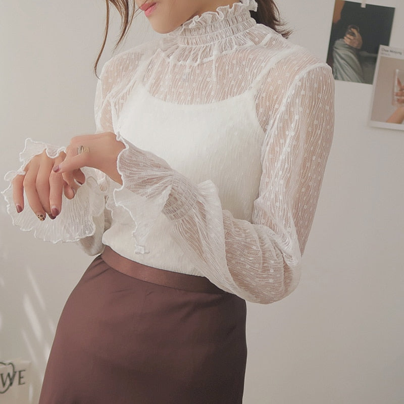 Transparent Lace Blouse 3 Colors Female Bottoming Blouses