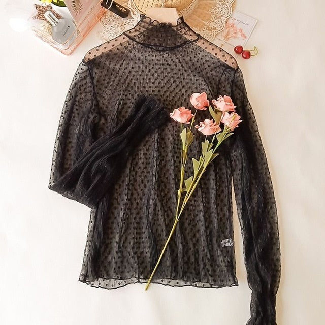 Transparent Lace Blouse 3 Colors Female Bottoming Blouses