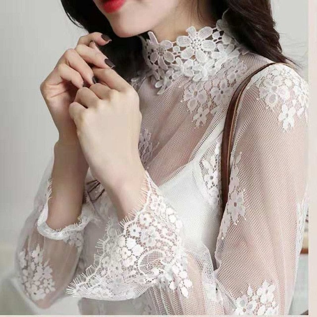 Transparent Lace Blouse 3 Colors Female Bottoming Blouses