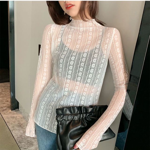 Transparent Lace Blouse 3 Colors Female Bottoming Blouses