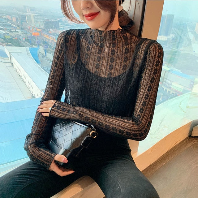 Transparent Lace Blouse 3 Colors Female Bottoming Blouses