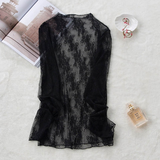 Transparent Lace Blouse 3 Colors Female Bottoming Blouses