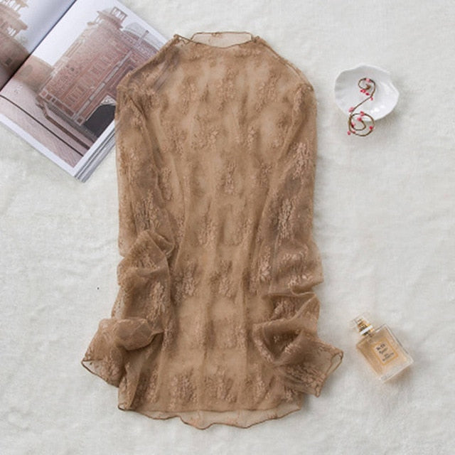 Transparent Lace Blouse 3 Colors Female Bottoming Blouses