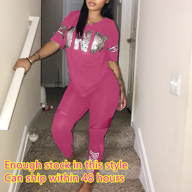 PINK Sweat Suits Short Sleeve Tee Shirt AVAILABLE IN PLUS SIZE