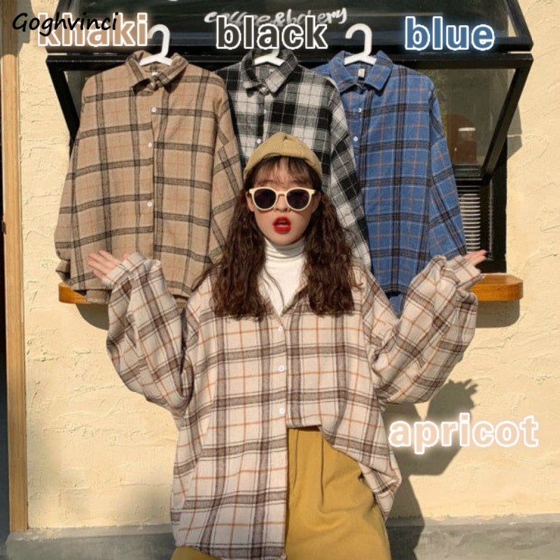 Women’s Oversized Plaid Flannel Turn-down Collar Shirts Plaid BF Batwing-sleeve Loose Outwear Harajuku