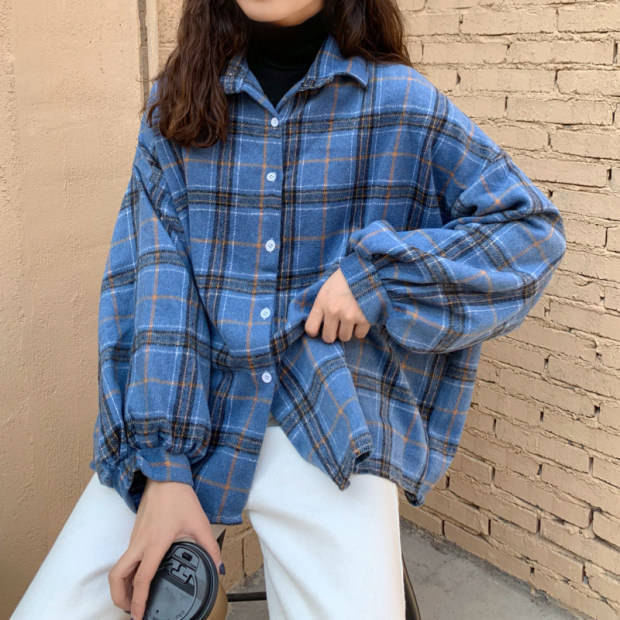 Women’s Oversized Plaid Flannel Turn-down Collar Shirts Plaid BF Batwing-sleeve Loose Outwear Harajuku