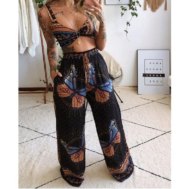 Women’s Boho Beach Style Wide Leg Pants and triangle top