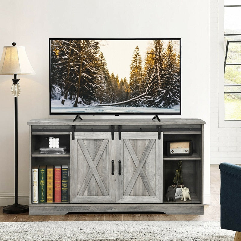 59" Farmhouse Rustic Style TV Stand w/ Adjustable Shelf, Sliding Barn Door Design Thick Stable Frame Cabinet Living Room Cabinet