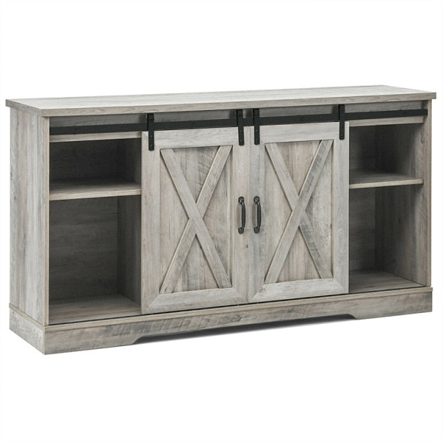 59" Farmhouse Rustic Style TV Stand w/ Adjustable Shelf, Sliding Barn Door Design Thick Stable Frame Cabinet Living Room Cabinet