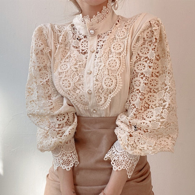 Petal Sleeve Stand Collar Hollow Out Flower Lace Patchwork Shirt Femme Blusas All-match Women Blouse Chic Button White Top 12419