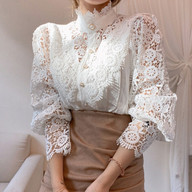 Petal Sleeve Stand Collar Hollow Out Flower Lace Patchwork Shirt Femme Blusas All-match Women Blouse Chic Button White Top 12419