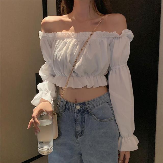 Blouse Off Shoulder Top Long Sleeve White Shirt Puff Sleeve Ruffle Crop Top Tube Top